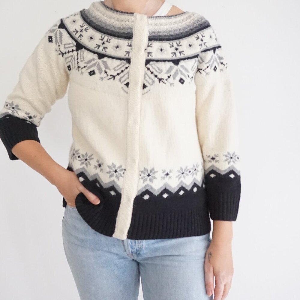 Sundance Cream & Black Fair Isle Wool Blend Cardigan Old Money Wintercore M
